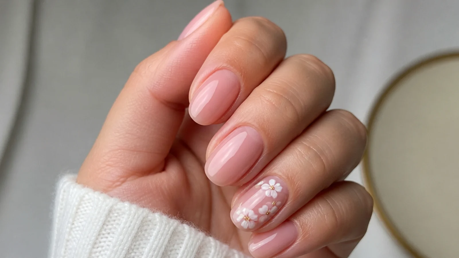 Oval nails in a soft sheer pink soap finish flattering short fingers