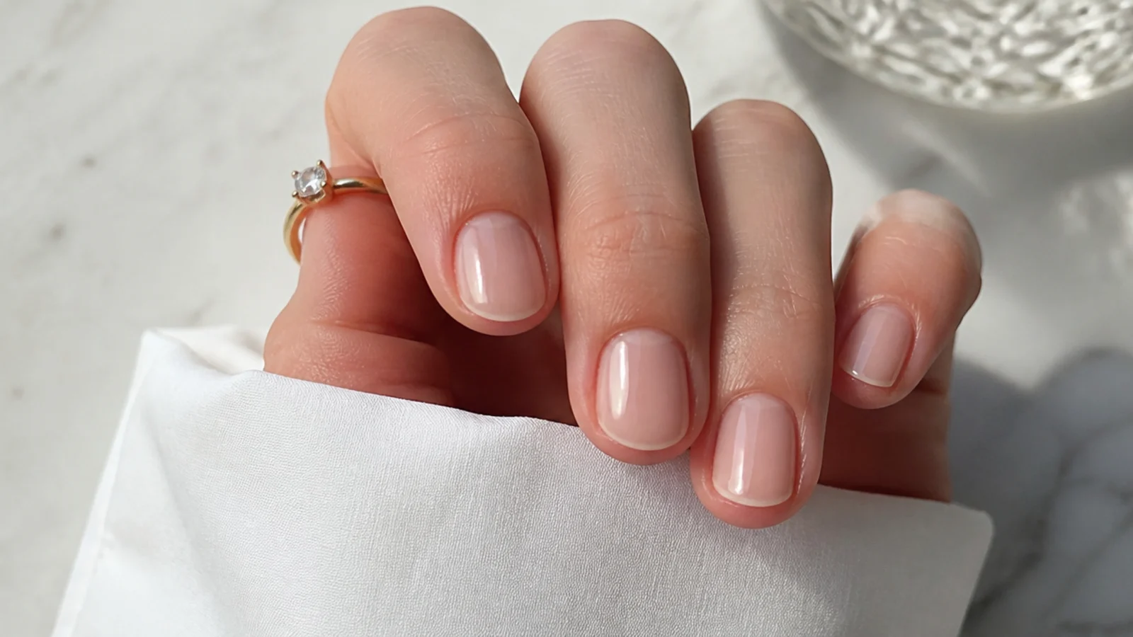 Very short natural nails in a sheer clear-nude soap finish