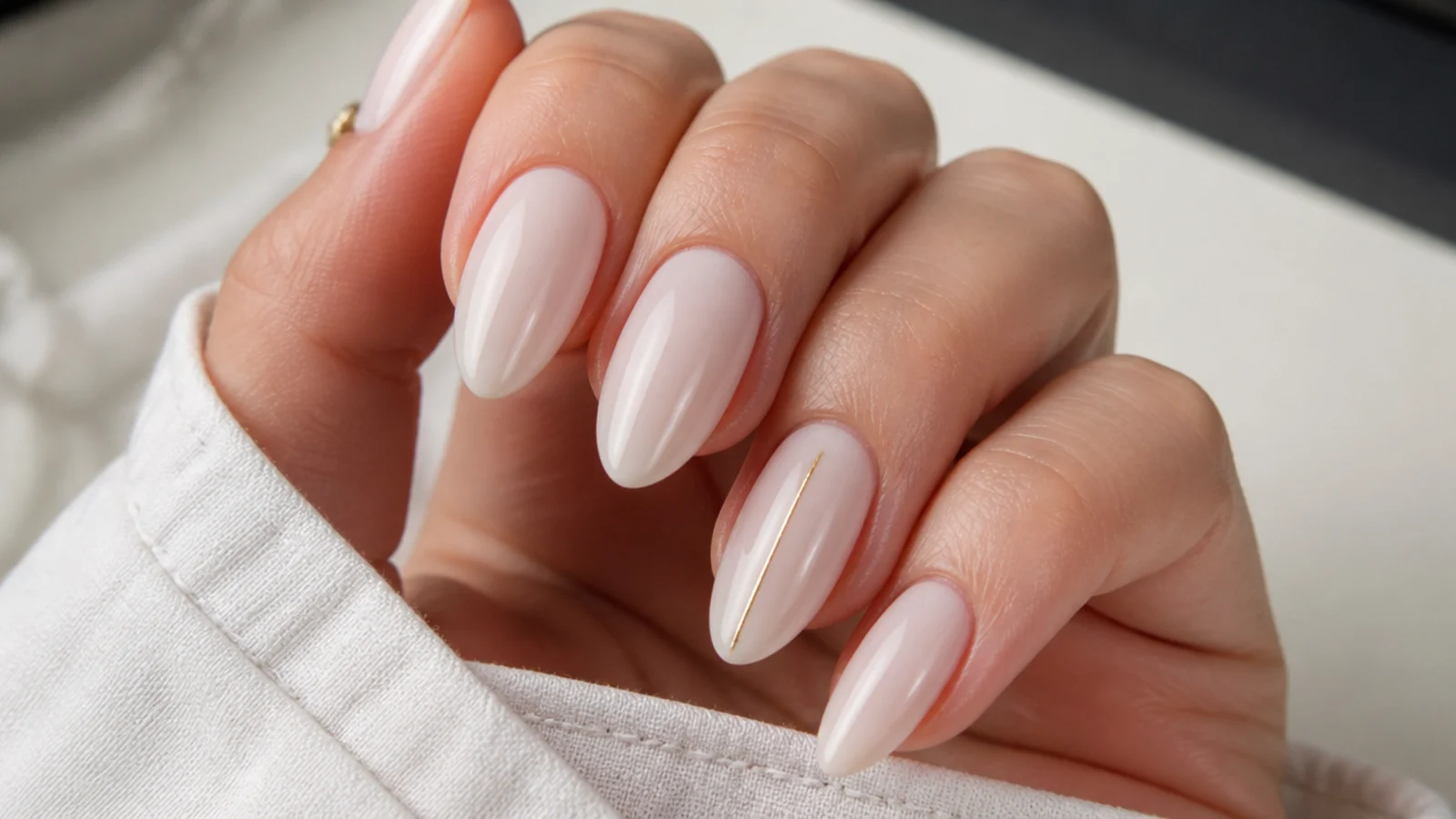 Almond nails in sheer milky soap with one thin gold line on a single nail