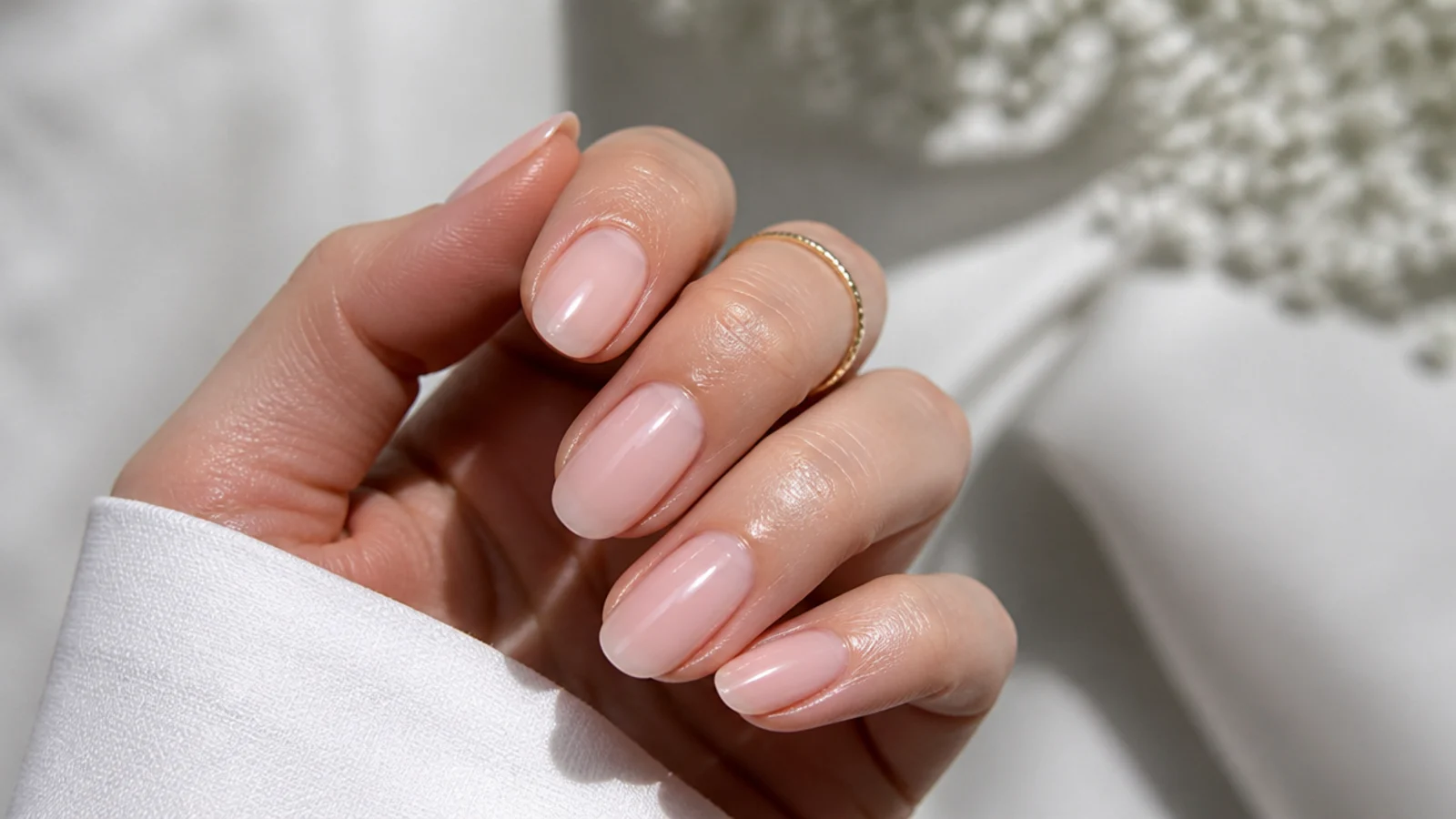 Almond nails in a soft sheer milky-pink bridal soap finish