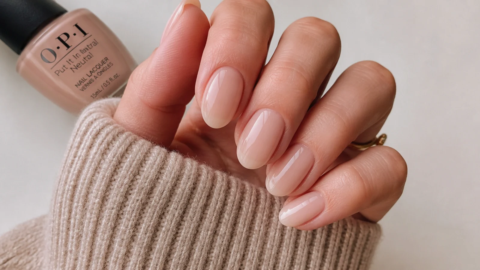 Short almond nails in OPI Put It In Neutral sheer beige-nude soap finish