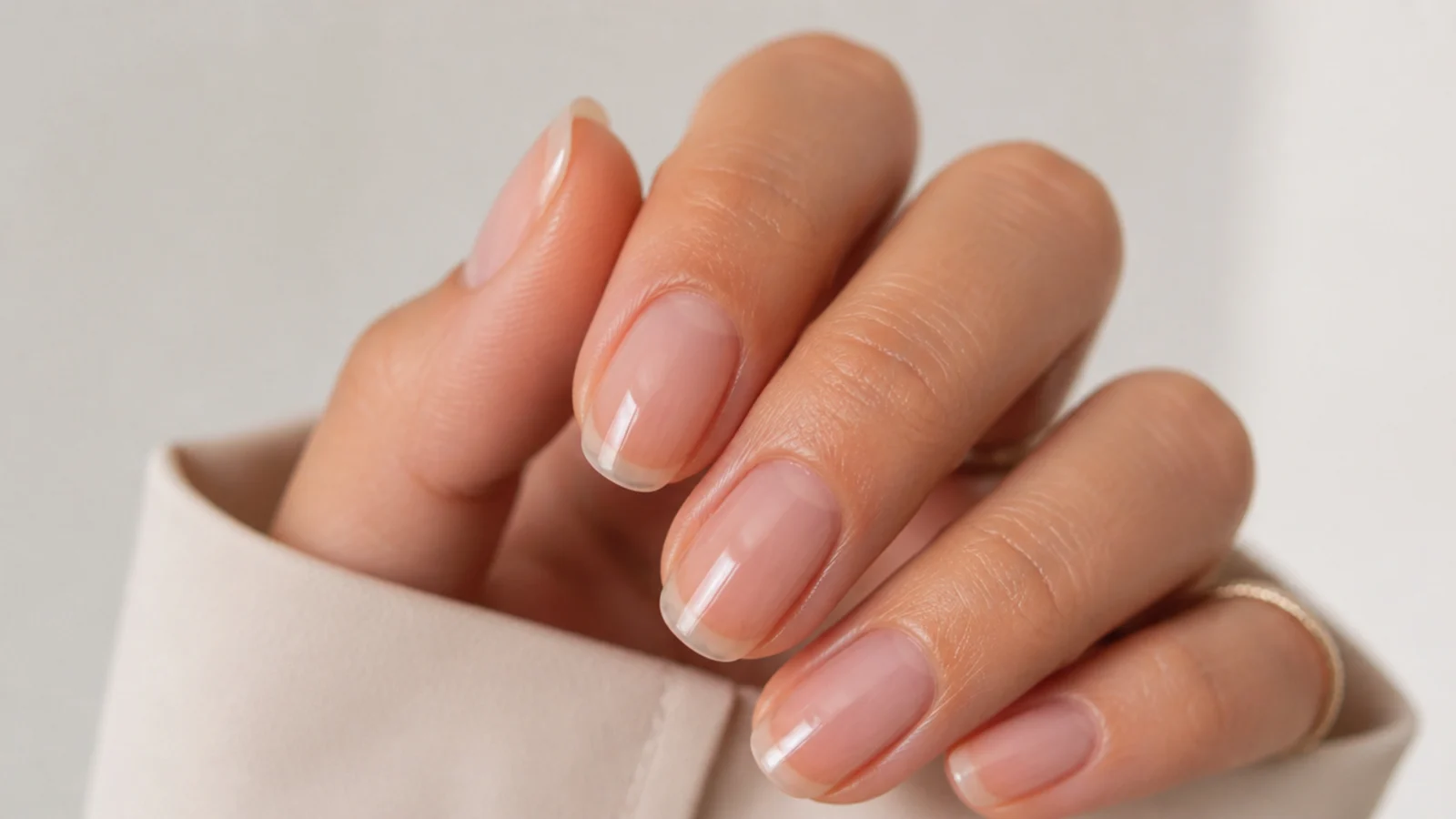 Oval nails in a sheer clear soap finish with a wet-look high-gloss top coat