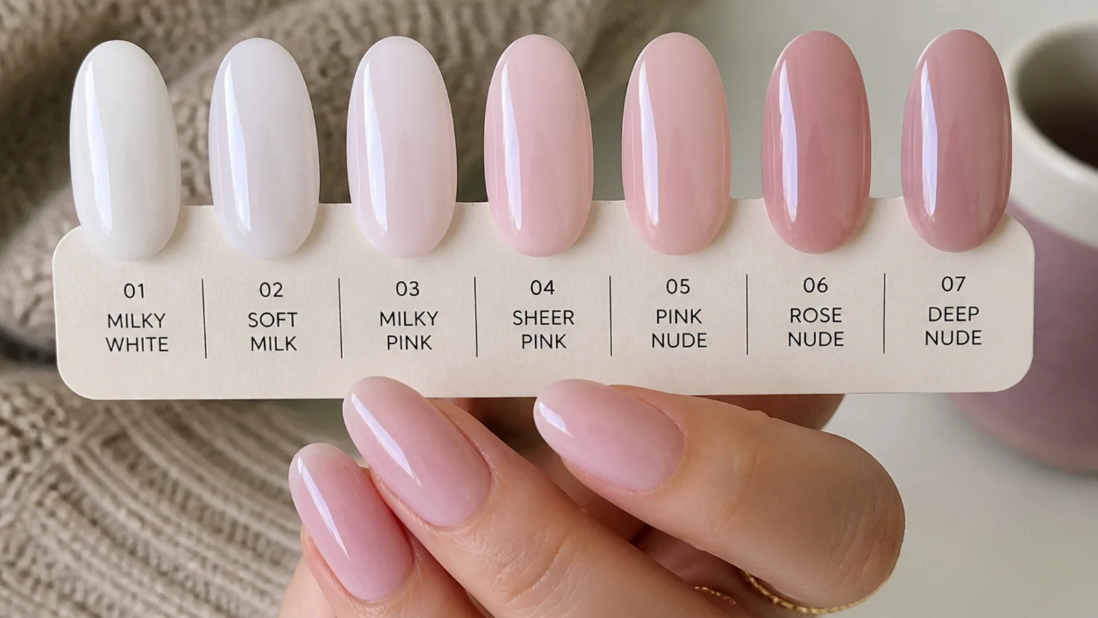 Swatches of sheer soap nail shades including milky white and soft pink-nude