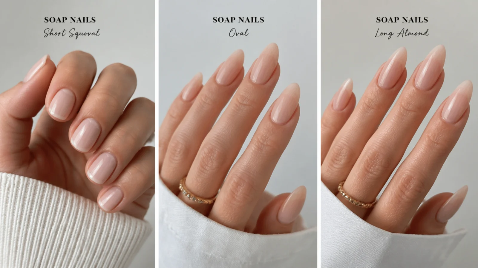 Soap nails shown on short squoval, oval and long almond shapes