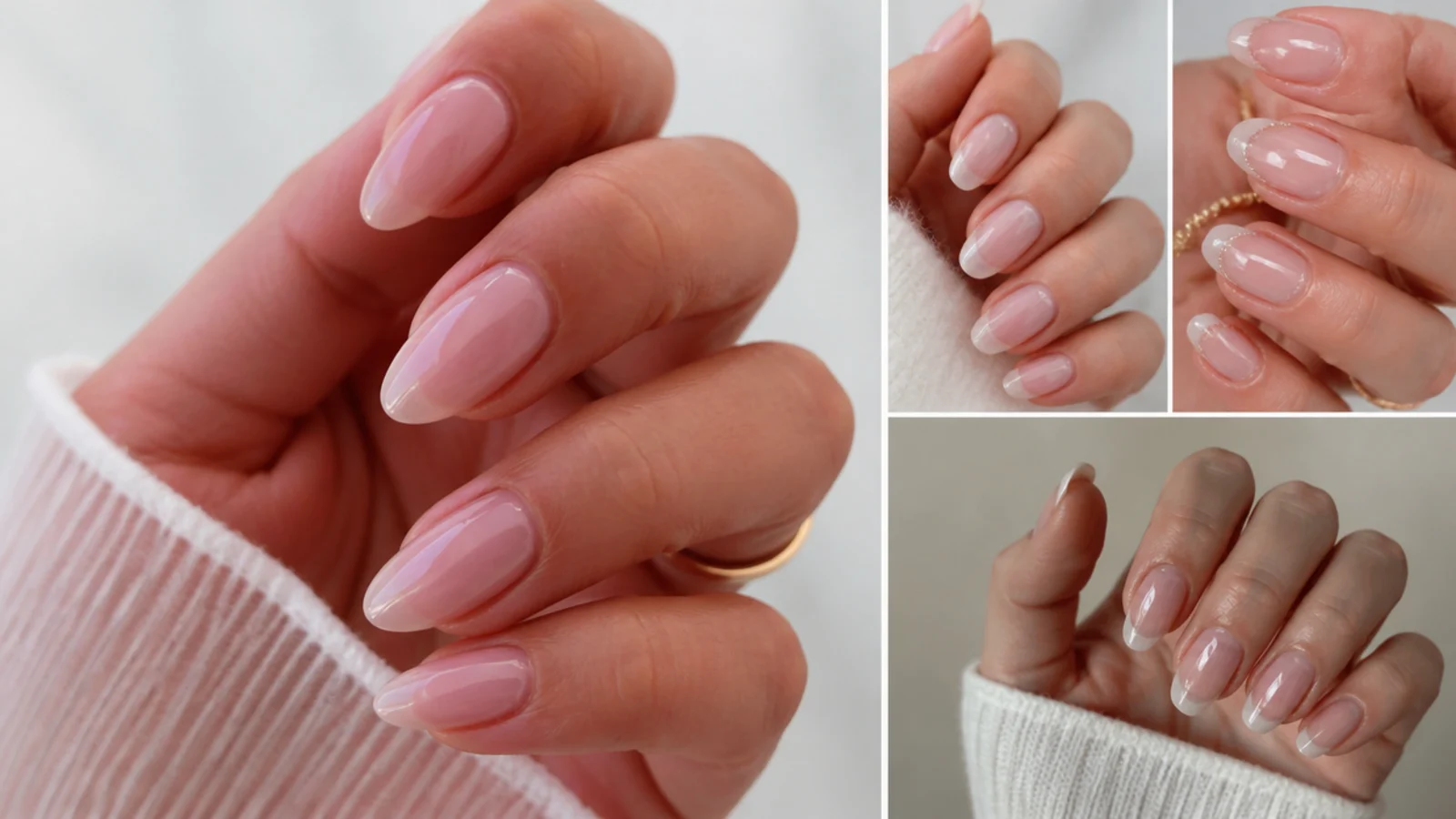 A collage of sheer soap nails in milky clear, ballet pink and barely-there nude on almond and short nails