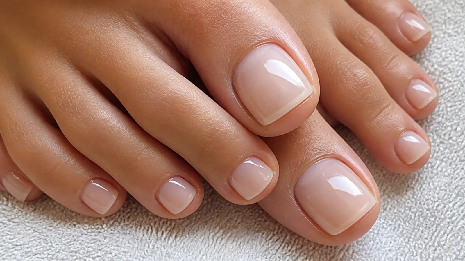 Translucent nude soap pedicure on squoval toenails with a glassy top coat