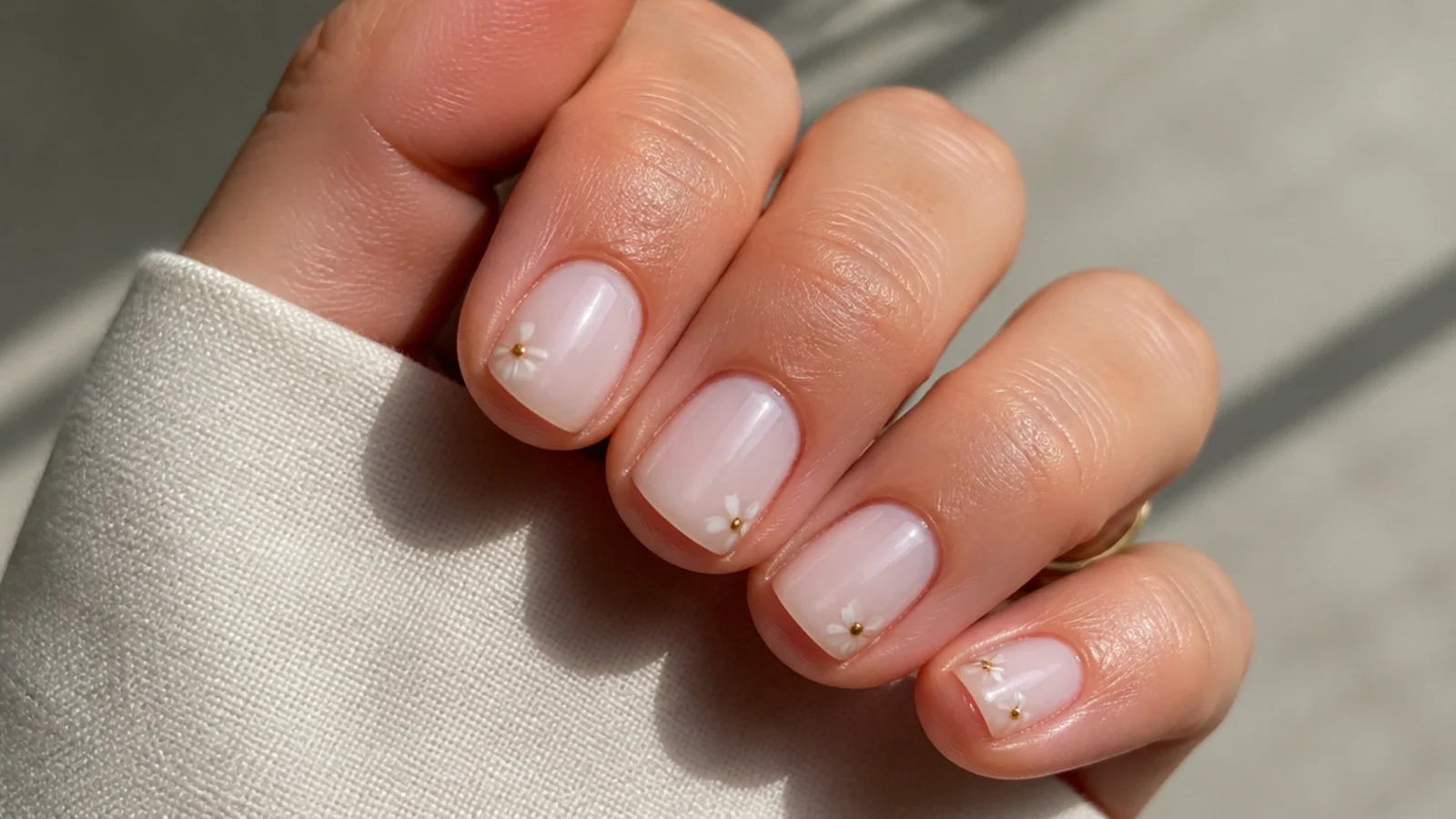 Very short natural soap pedicure with sheer milky finish and neat cuticles