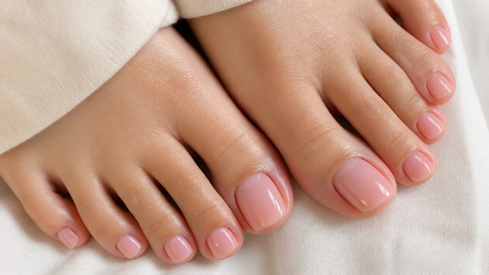 Sheer pink milk jelly soap pedicure with a soft translucent glow on almond toes