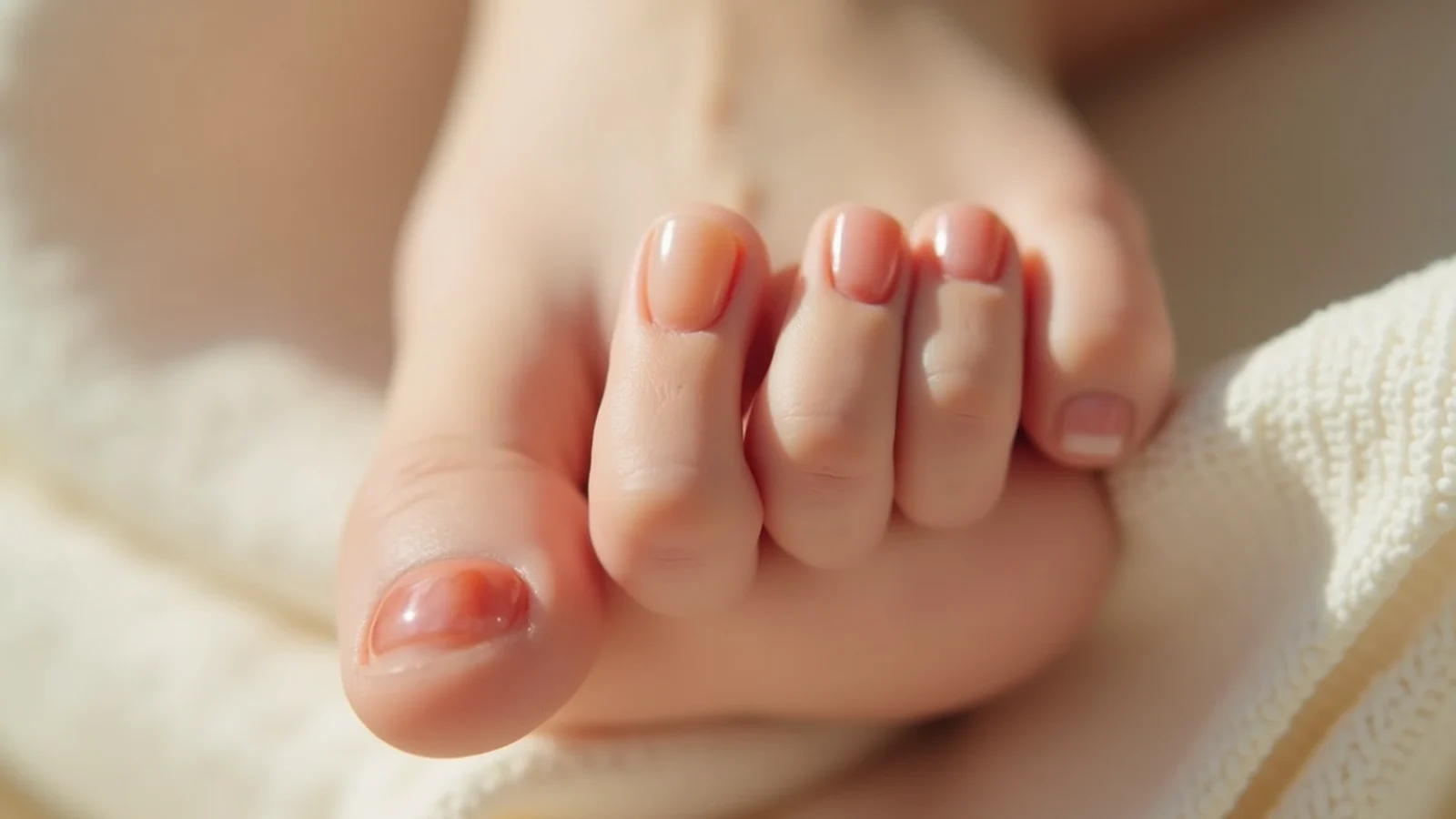 Sheer warm beige nude soap pedicure with translucent finish on squoval toes