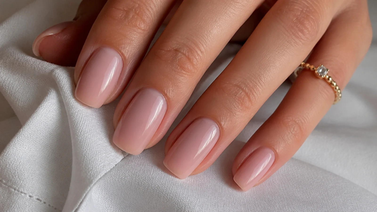 Sheer OPI-style soft pink soap pedicure with a glassy top coat on natural toes