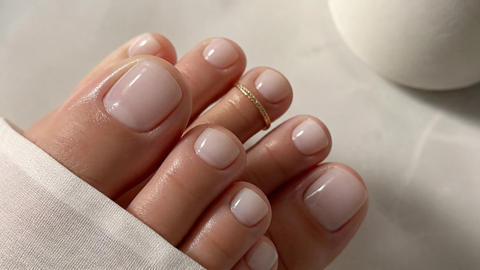 Sheer gel soap pedicure with a durable glassy milky finish on almond toes