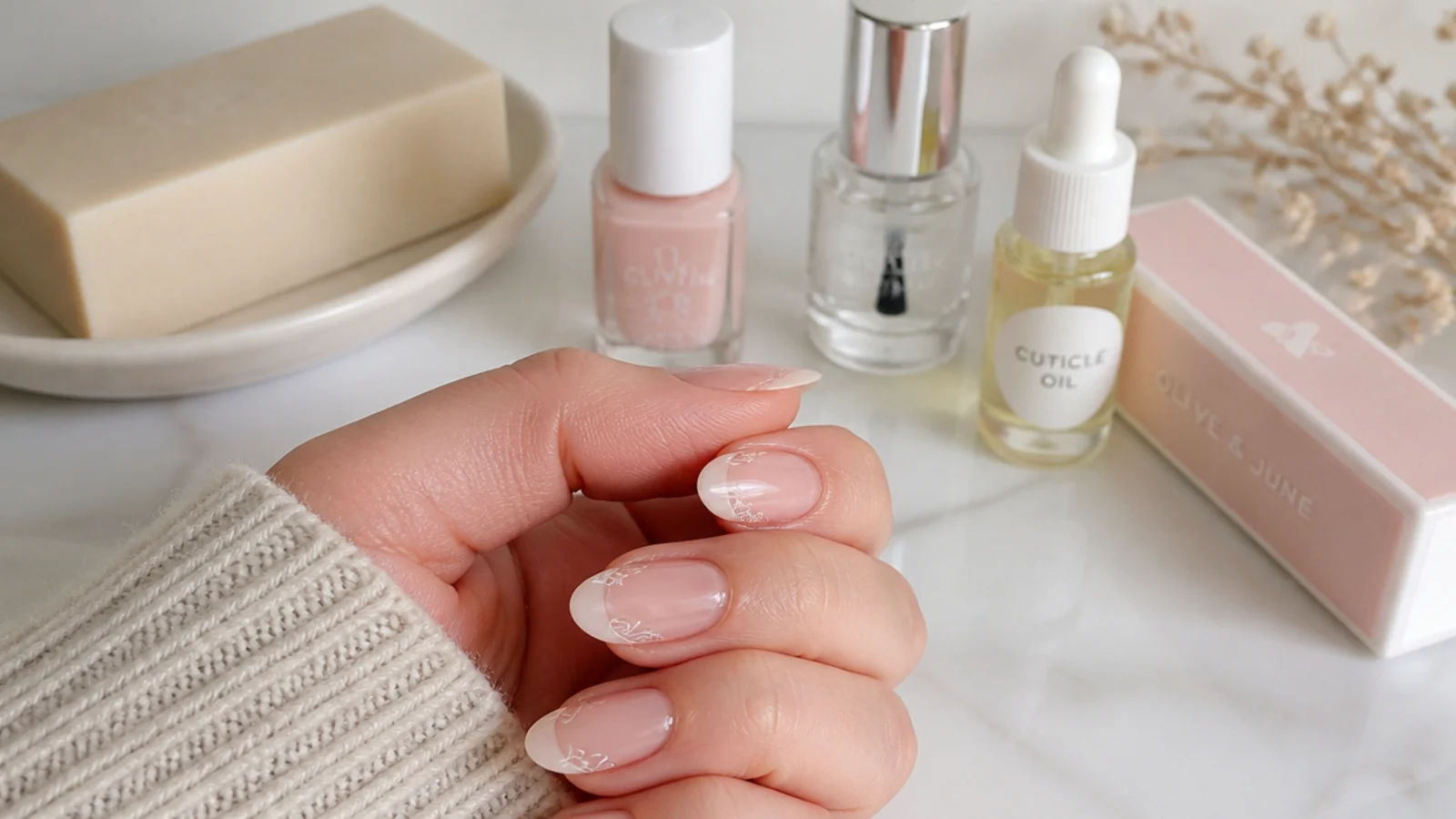 Home soap pedicure supplies - sheer polish, buffer, top coat and cuticle oil