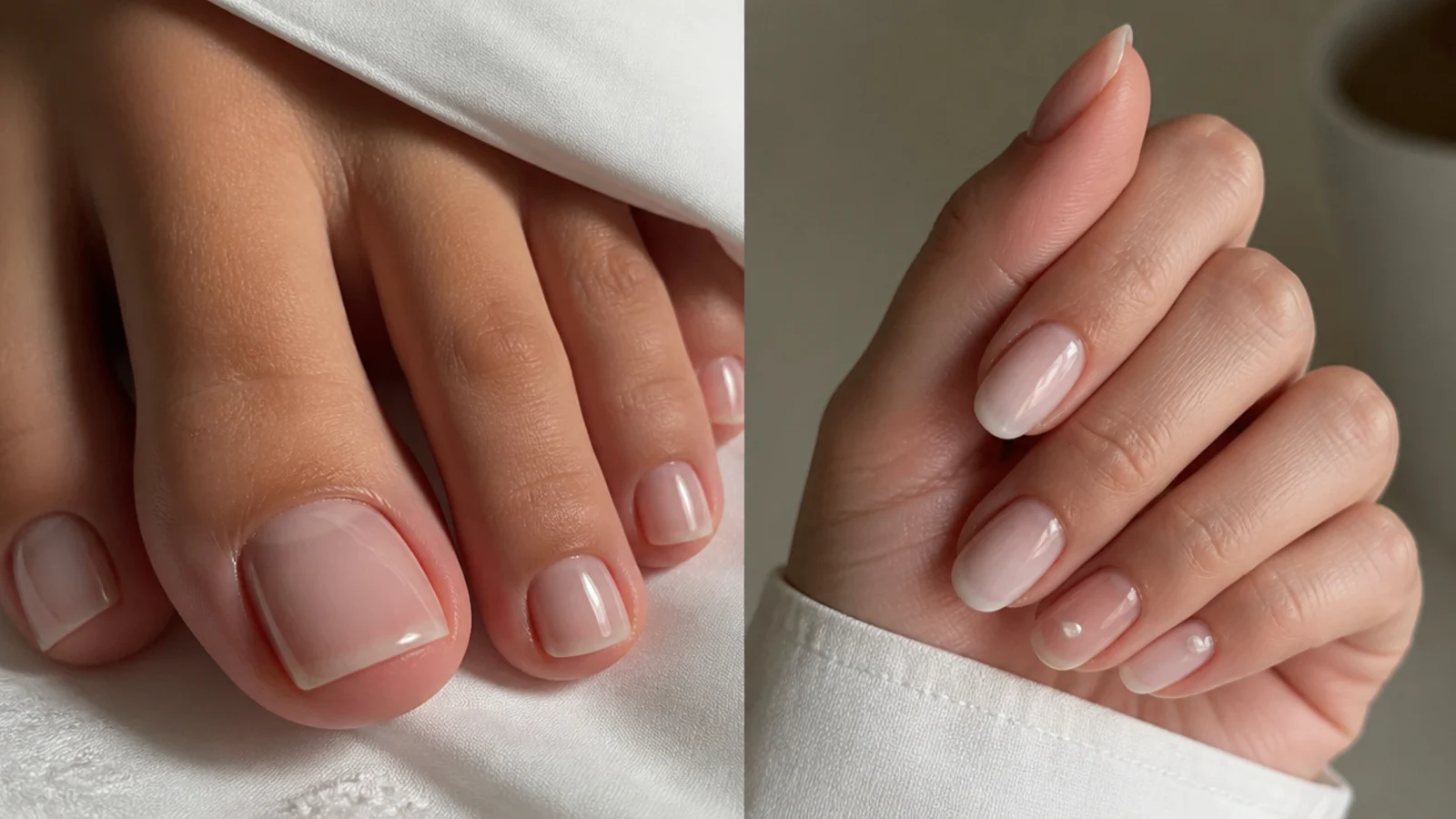 Sheer soap-nail polish shades in milky white and barely-there pink on toes