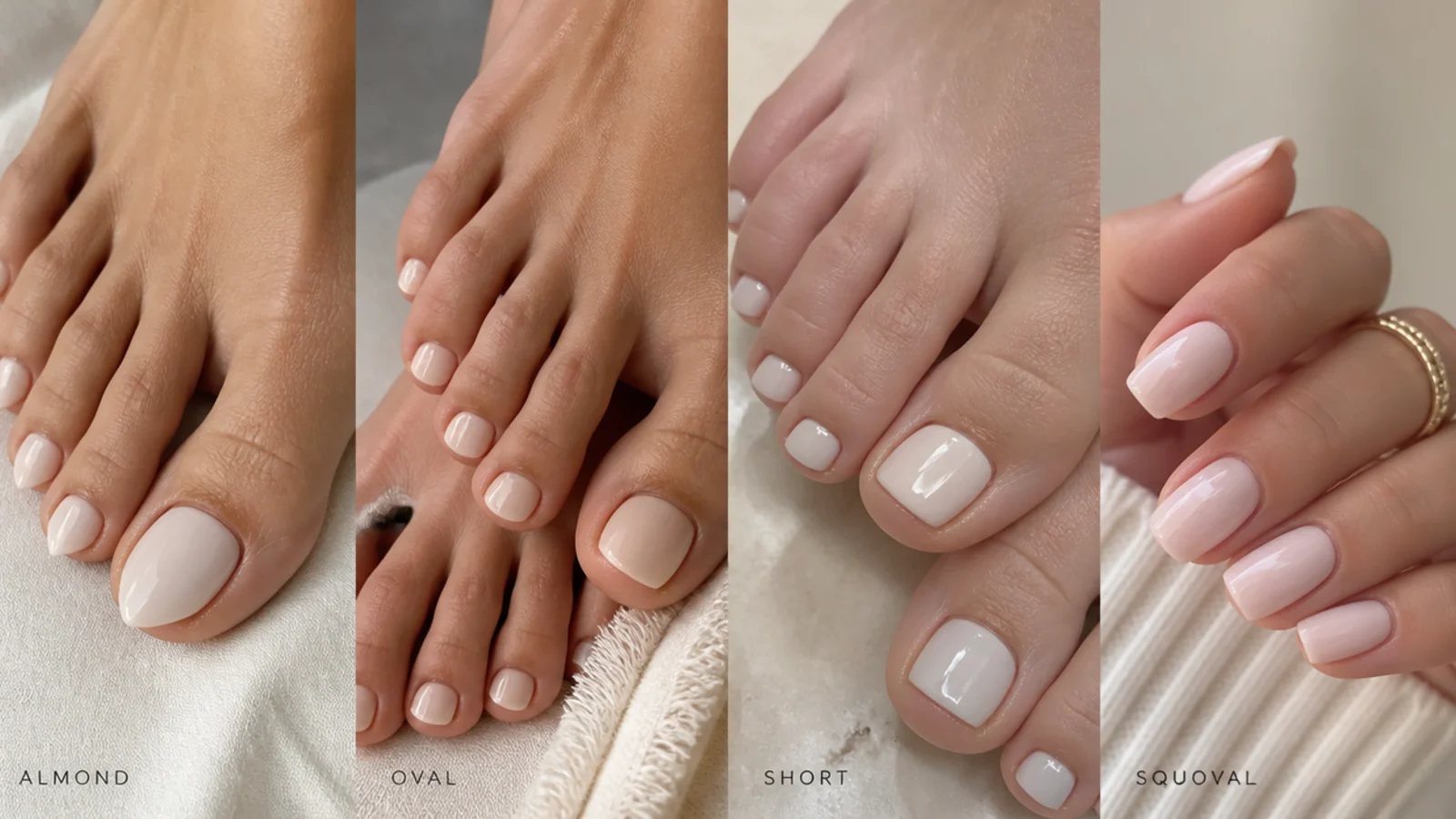 Soap pedicure shown on almond, oval, short and squoval toenail shapes