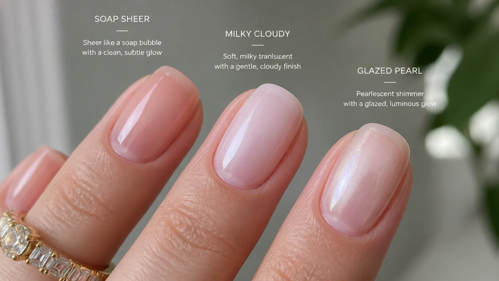 Three sheer toe finishes compared - soap sheer, milky cloudy and glazed pearl