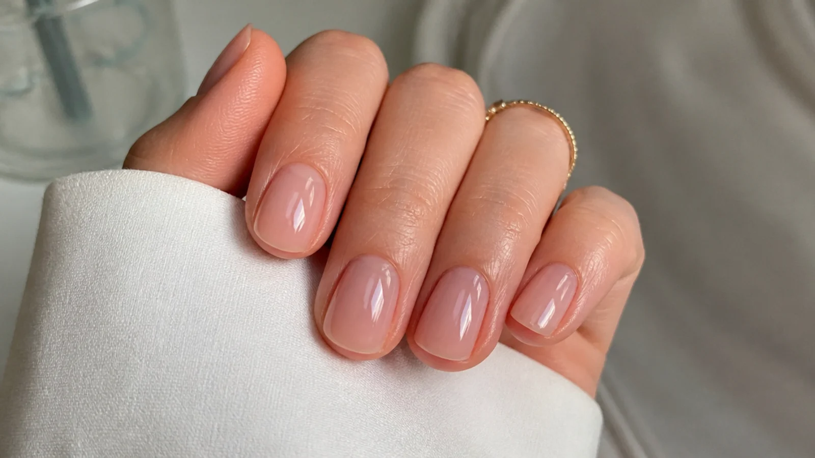 Sheer barely-there pink soap nails on short oval natural nails