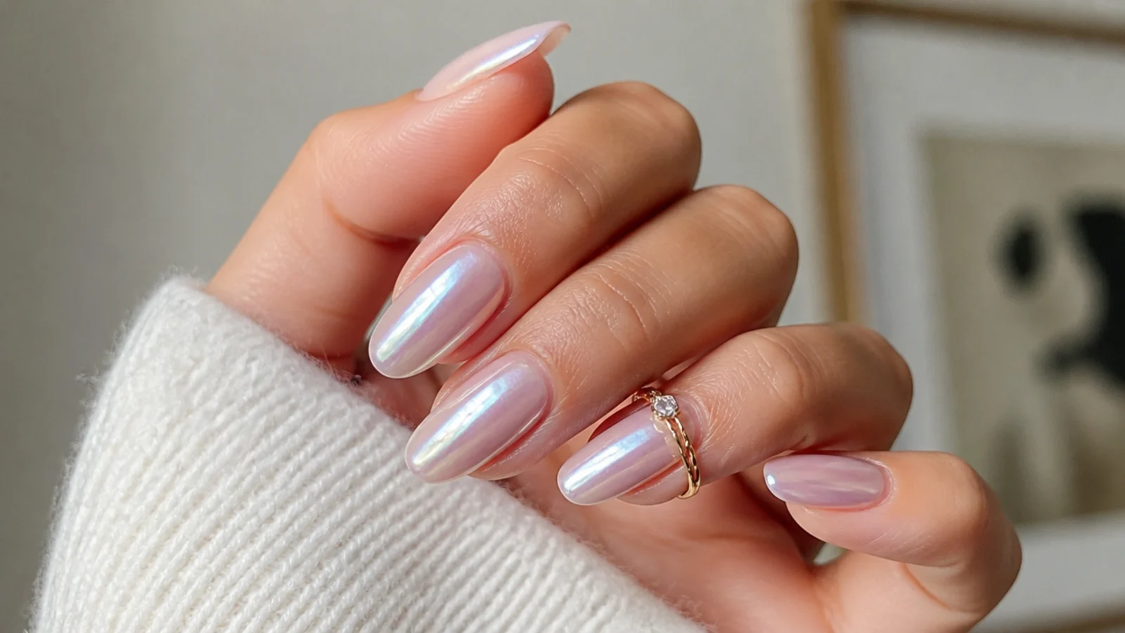 Sheer soap nails with a pearly chrome soap-bubble sheen on almond nails