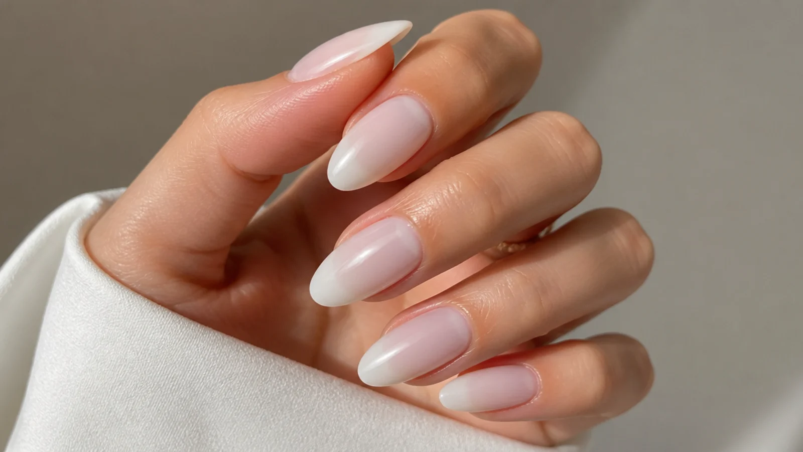 Sheer soft white soap nails using a diffused sheer coat on almond nails
