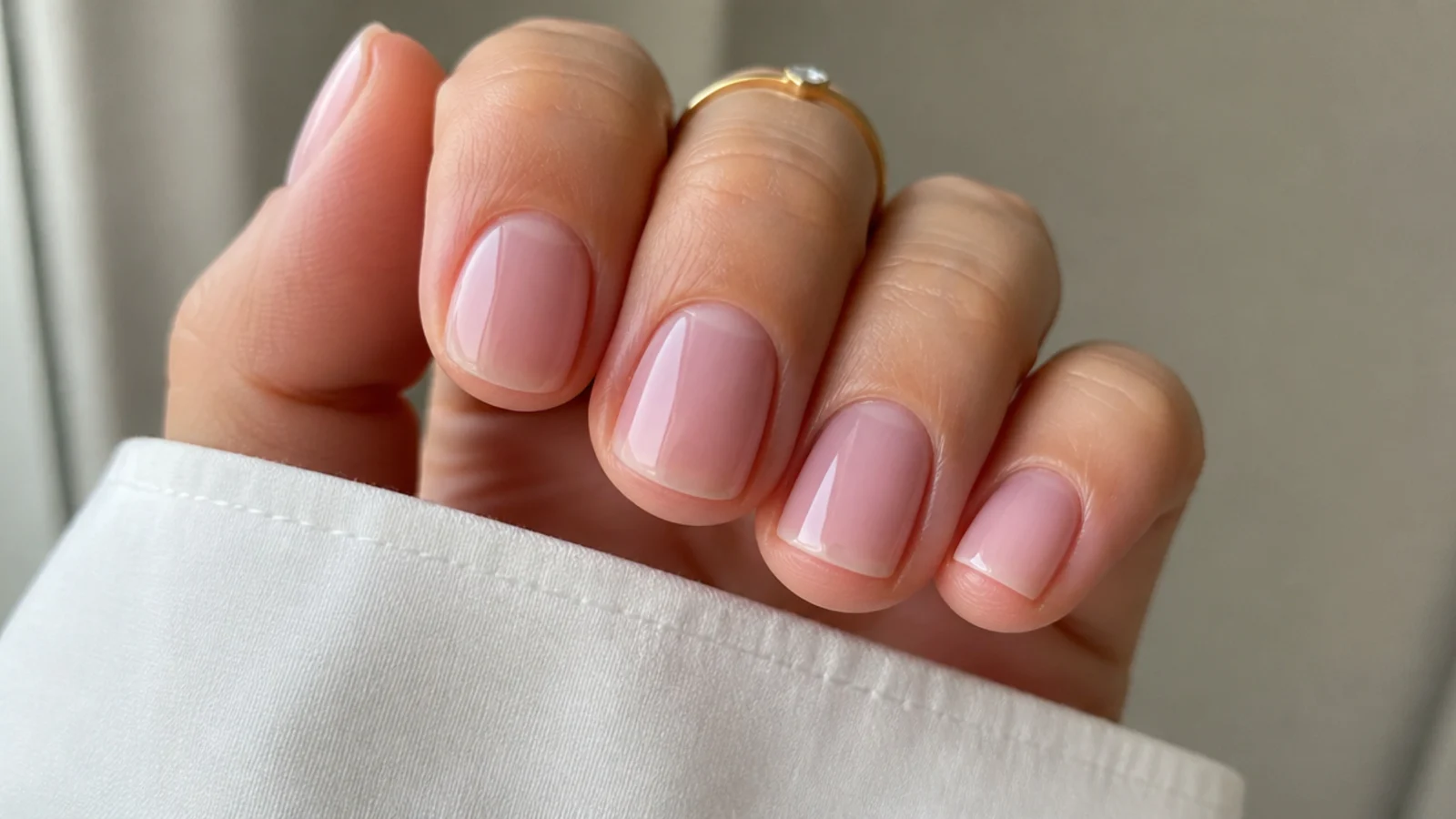 Sheer neutral pink soap nails using a single sheer coat on short nails