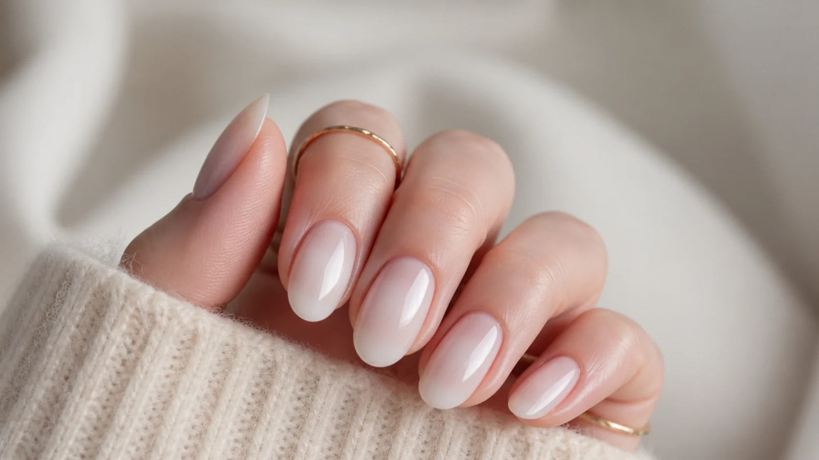 Sheer cool-toned milky soap nails on medium oval nails on fair skin