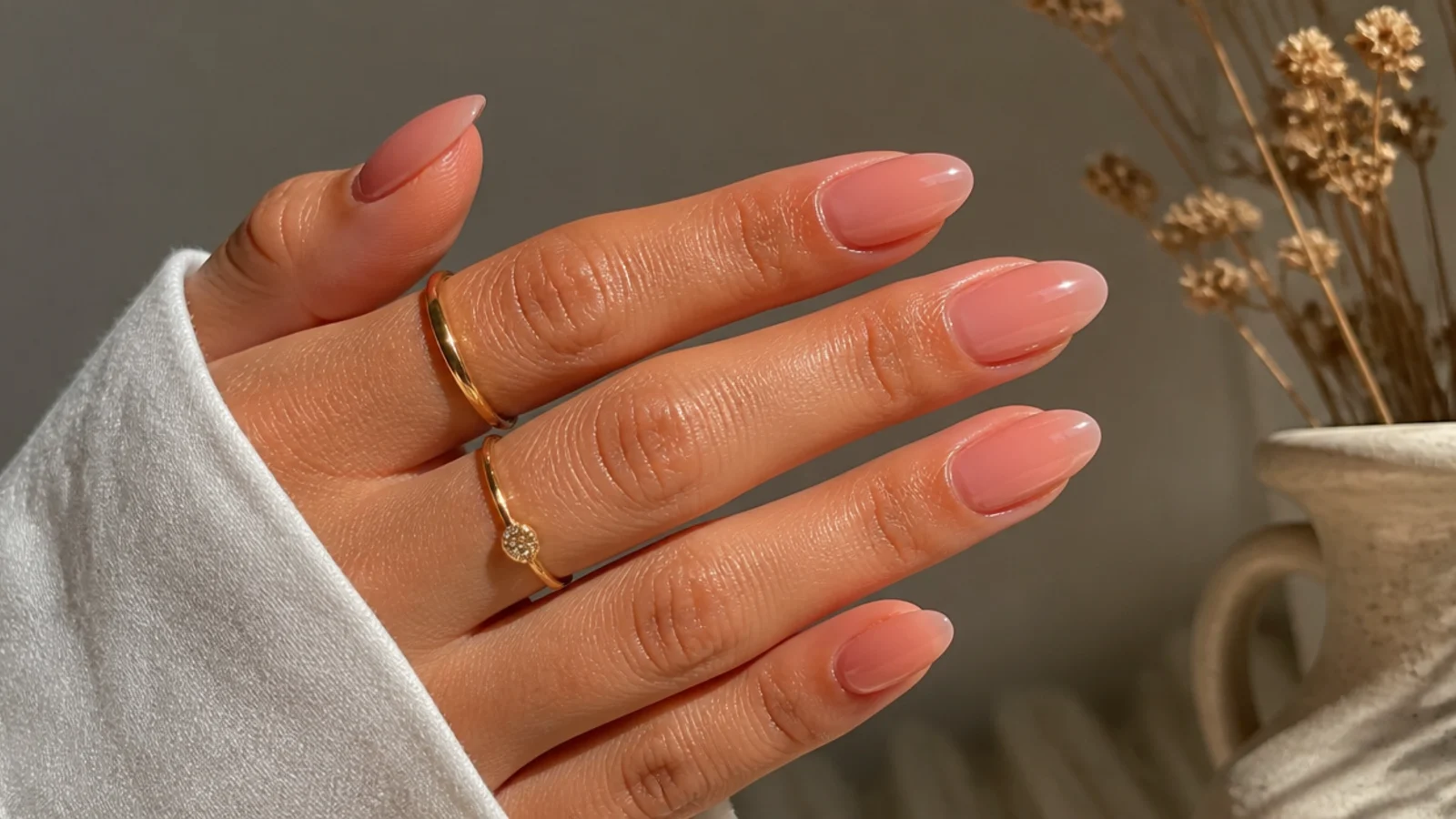 Sheer peachy soap nails on medium almond nails with a warm glow
