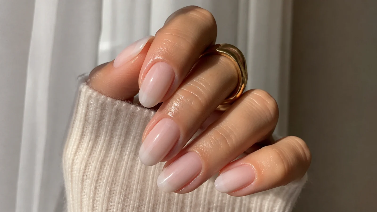 Sheer milky soap nails with glossy oiled cuticles on medium oval nails