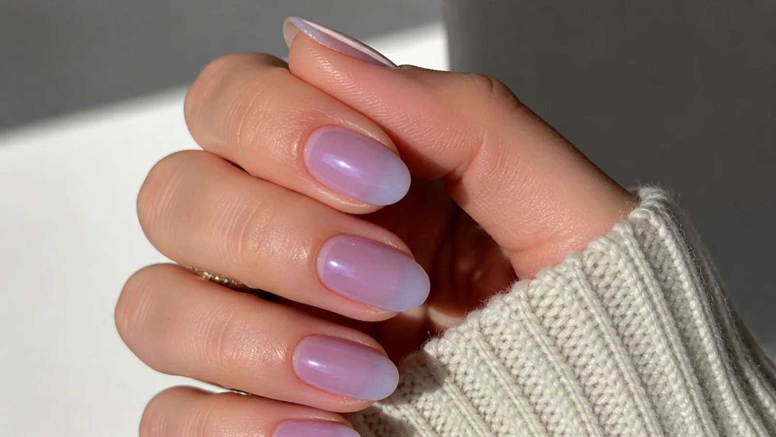 Sheer soft lilac soap nails on medium almond natural nails