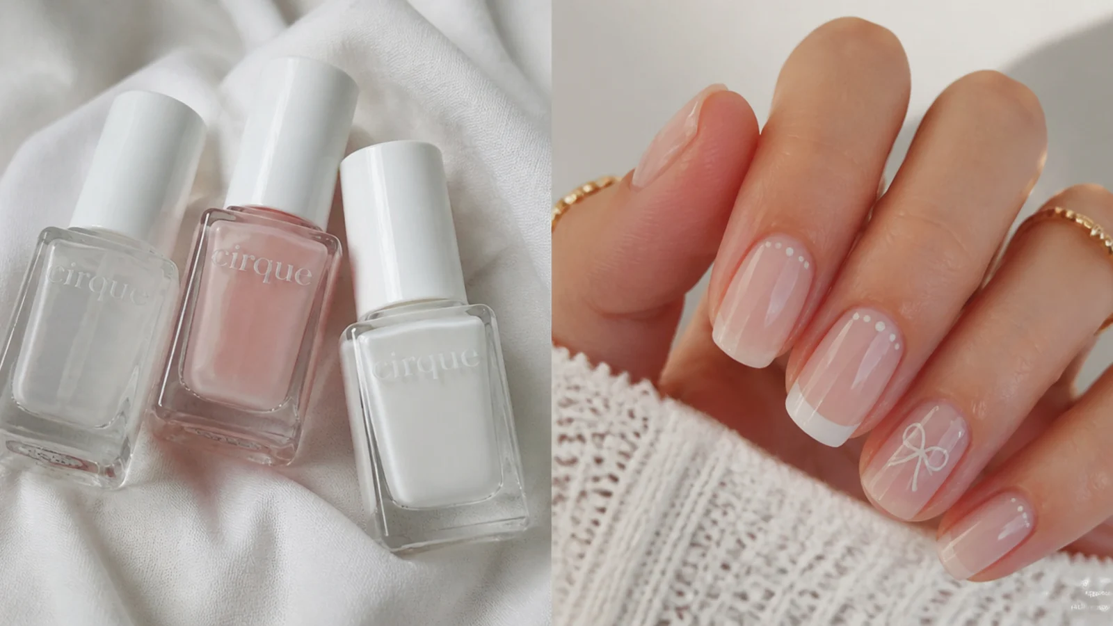Sheer soap-nail polish bottles in milky-clear, neutral pink and soft white beside painted nails