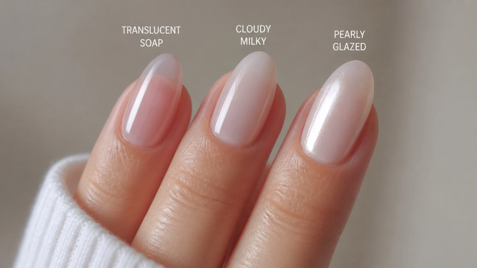 Three sheer nail finishes side by side - translucent soap, cloudy milky and pearly glazed