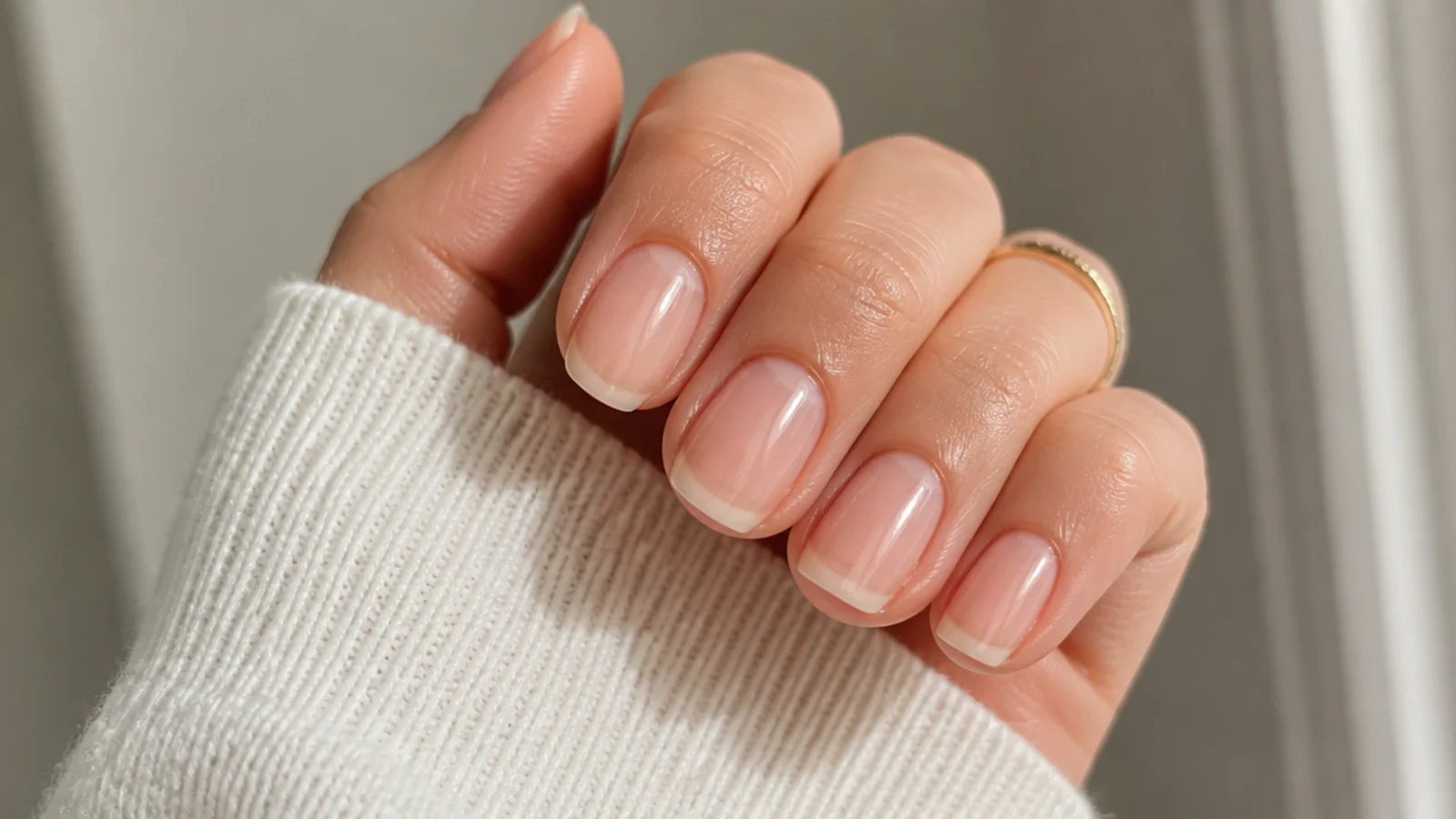 Sheer milky-clear soap nails on buffed natural nails showing the free edge through the polish