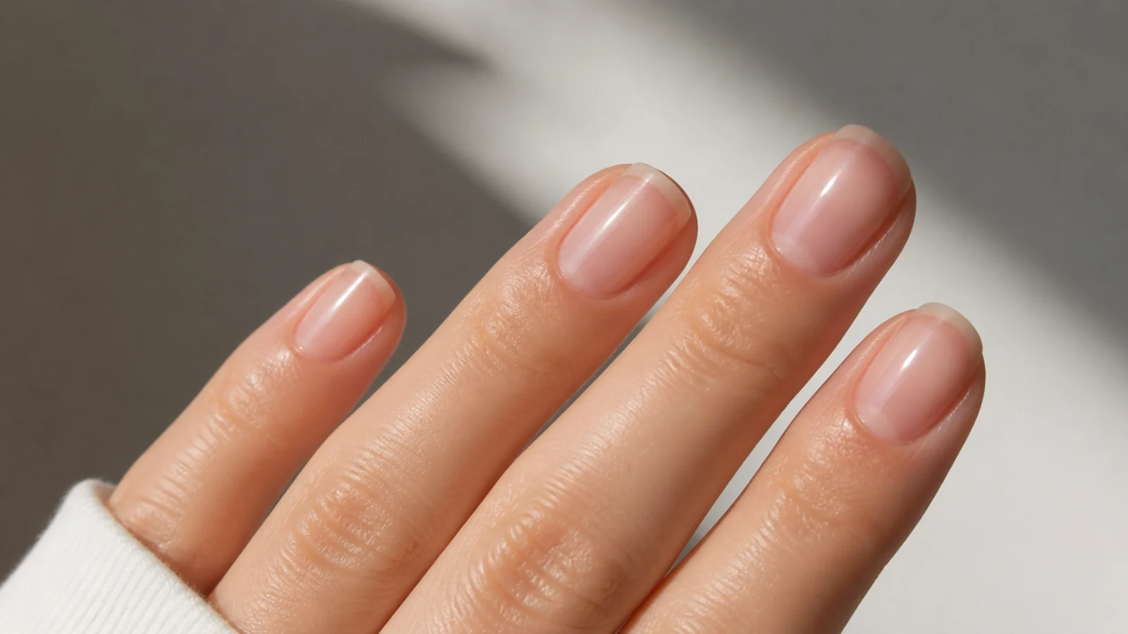 Ultra-sheer milky-clear soap nails on short natural tips with visible free edge