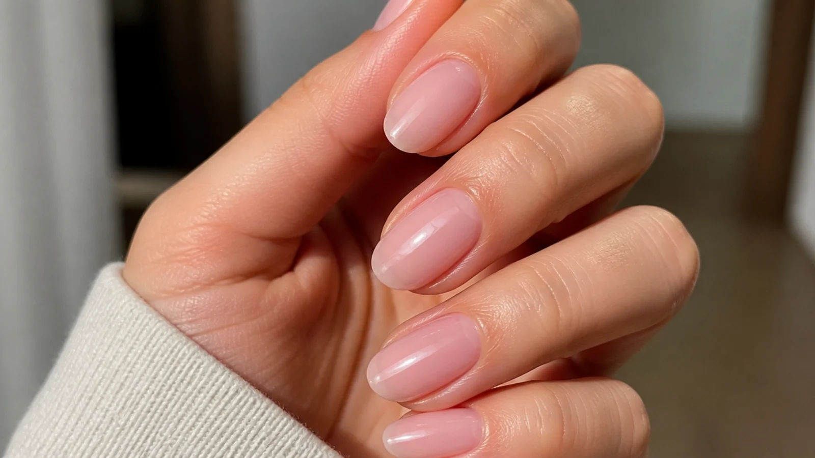 Barely-there sheer pink soap nails on oval natural nails