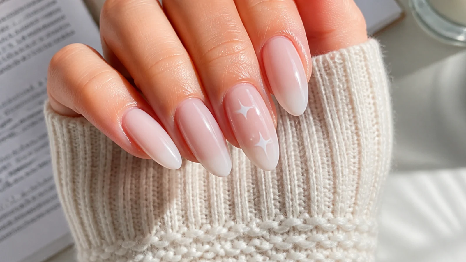 Soft milky sheer soap nails on long almond shape