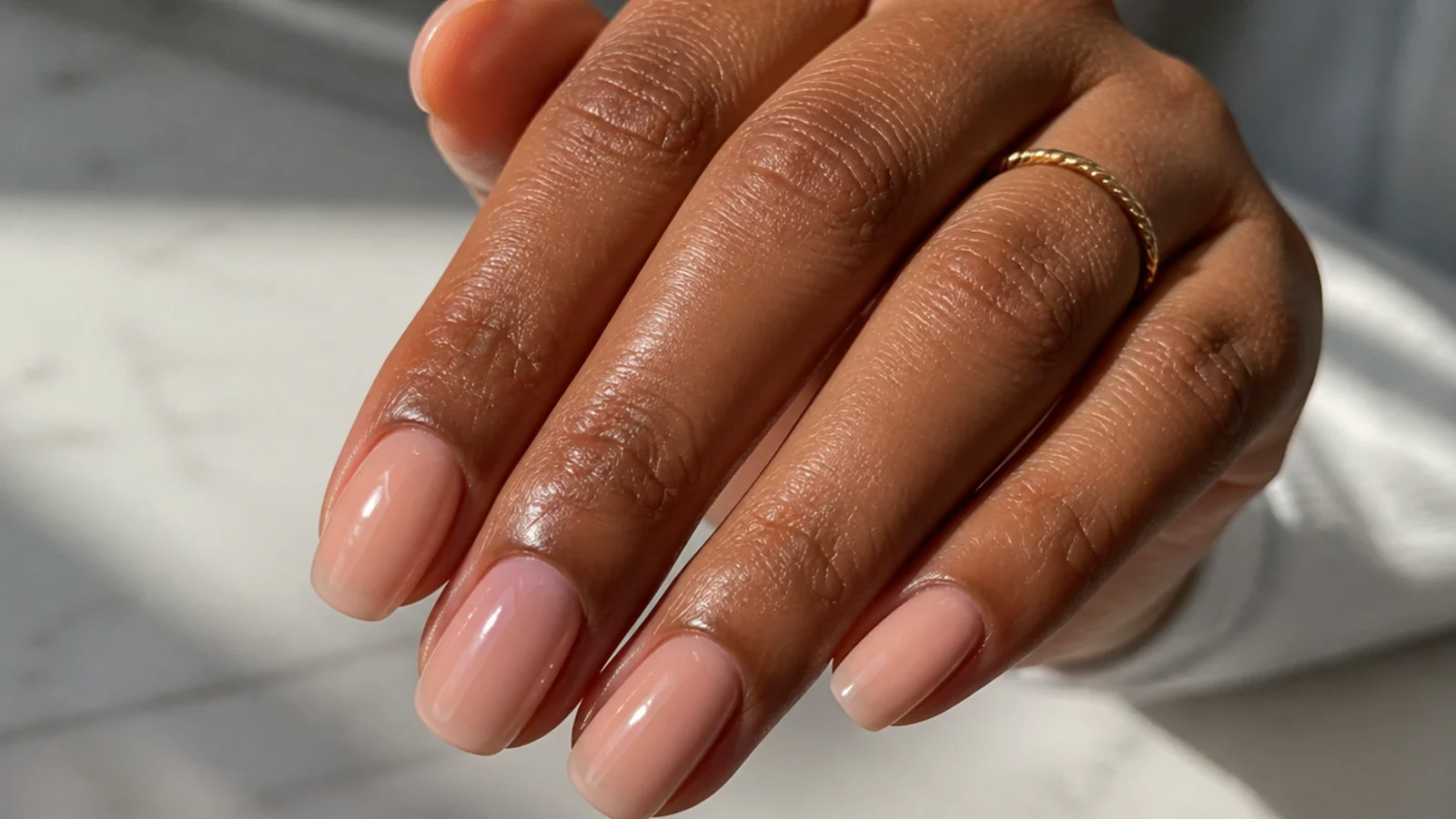 Sheer warm-nude soap nails on medium oval shape for deeper skin tones
