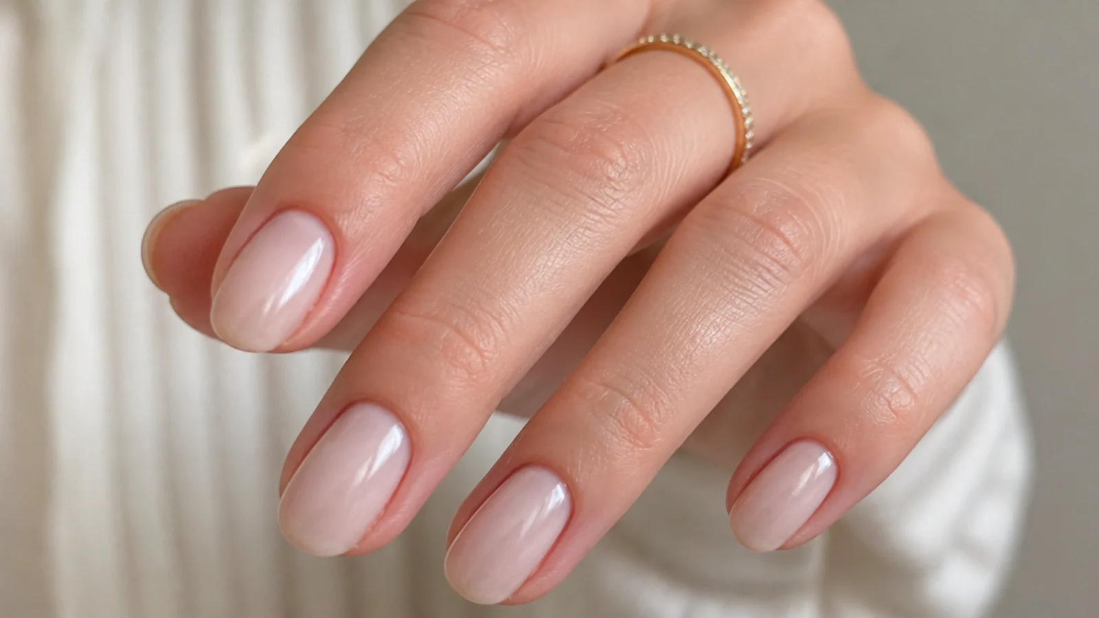 Cool-toned sheer milky soap nails on fair skin, oval shape