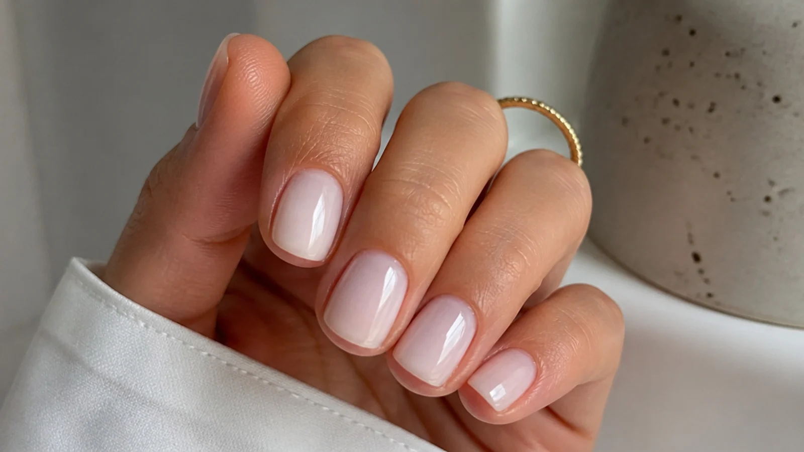 Sheer white OPI-style soap nails on short natural nails