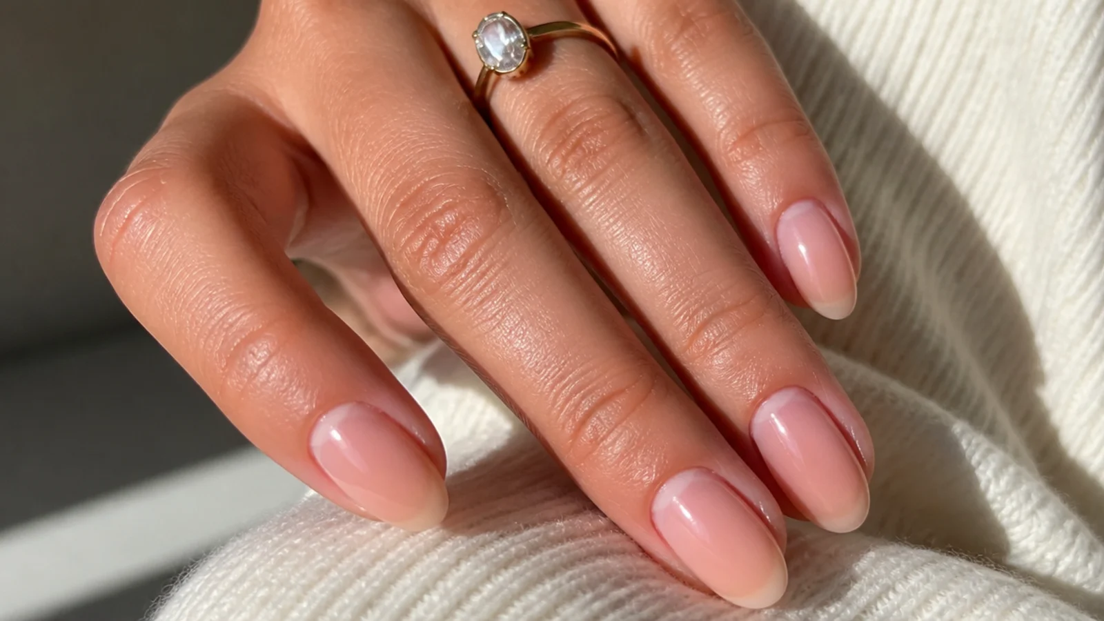 Sheer neutral-pink OPI-style soap nails on oval shape