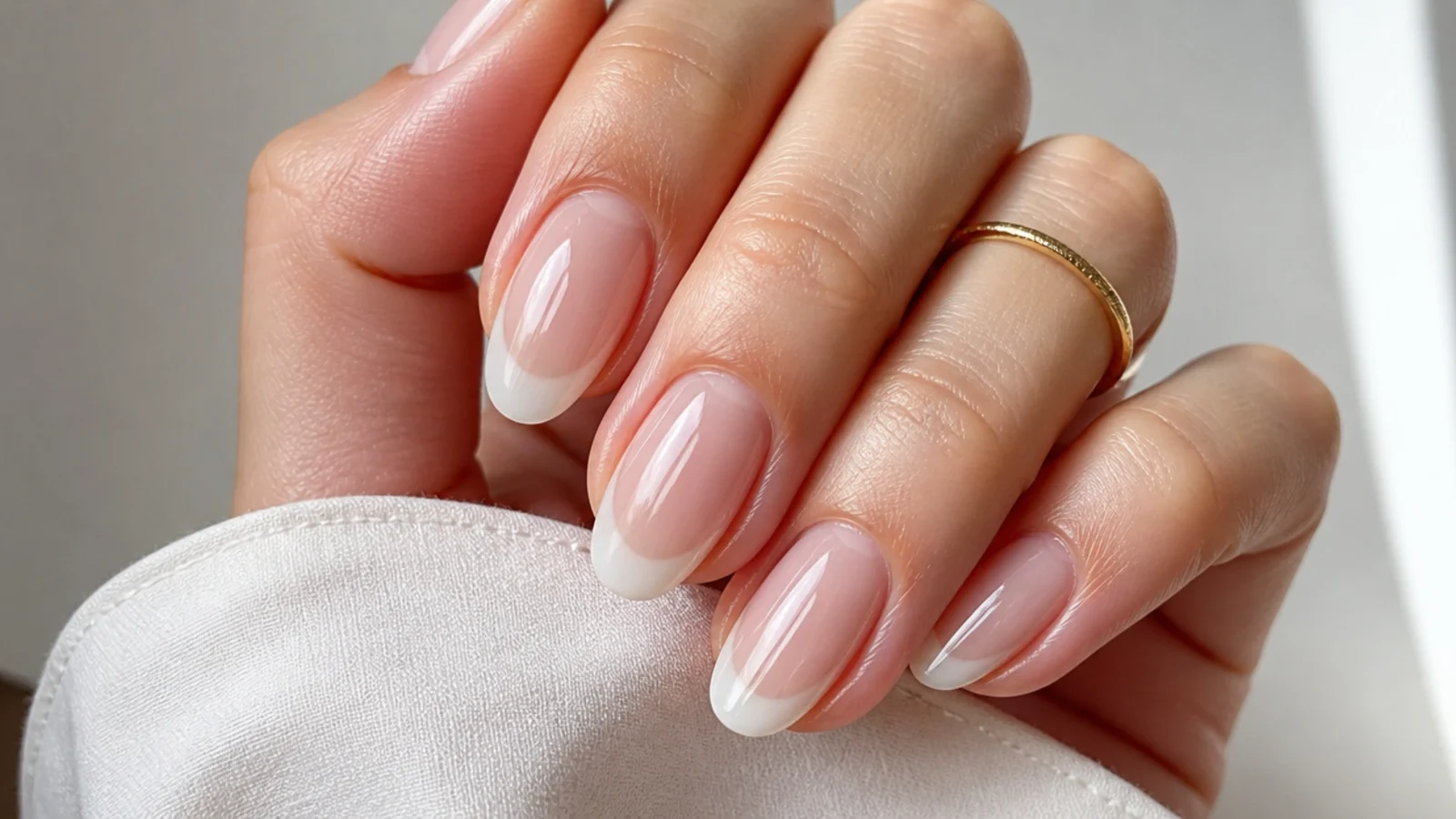 Sheer soap nails with slightly milkier translucent tips, oval shape