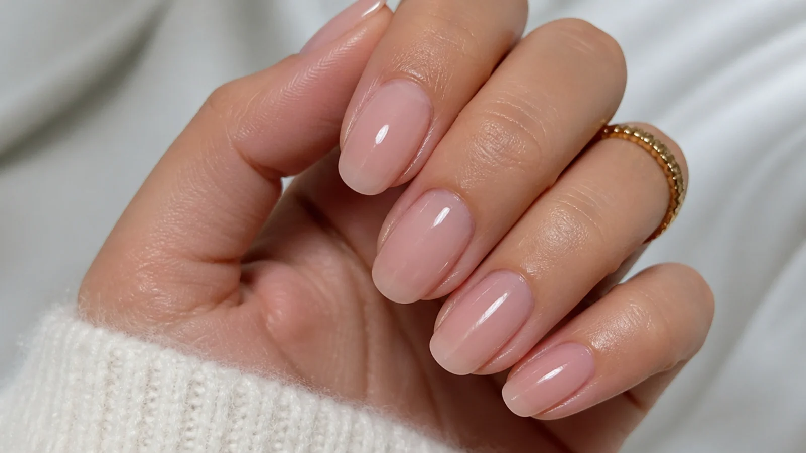 Barely-there sheer pink soap nails on a soft oval shape