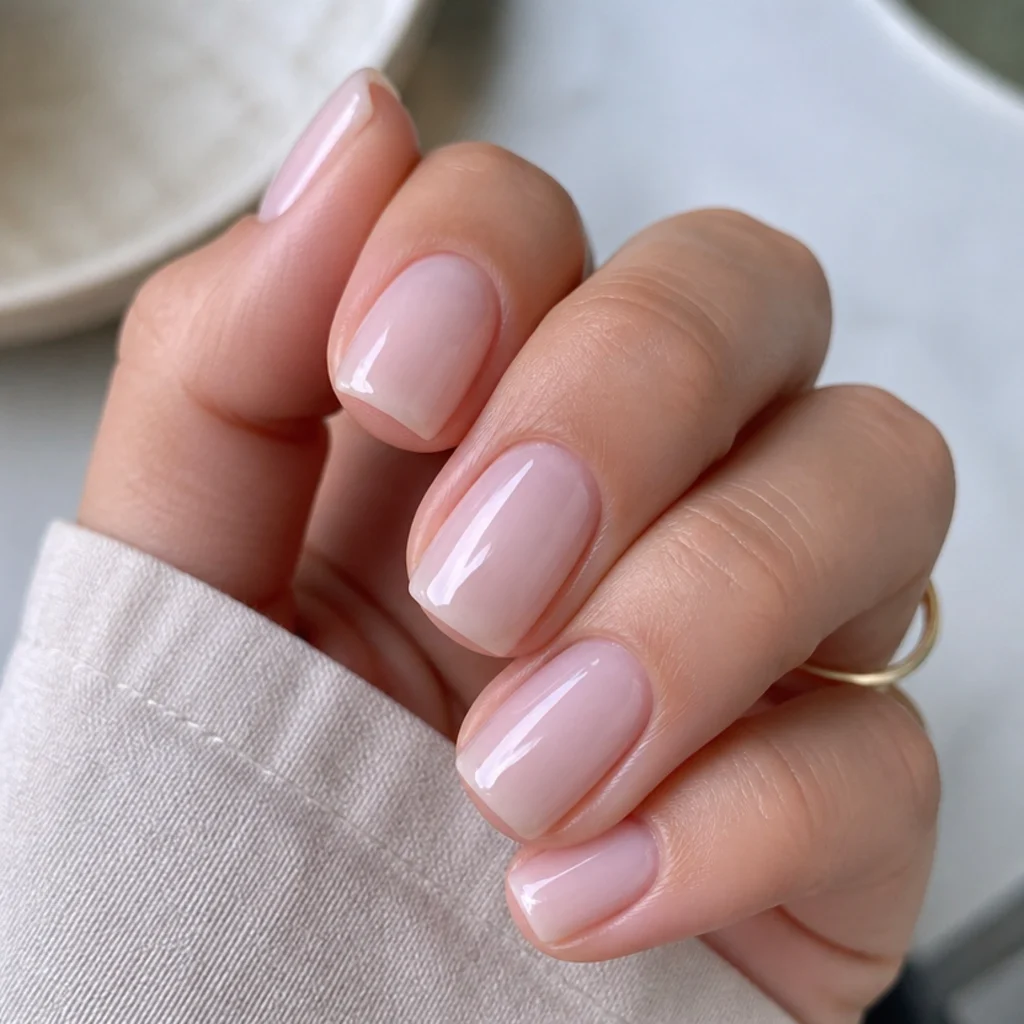 Sheer soap nails on a short modern square shape with clean edges