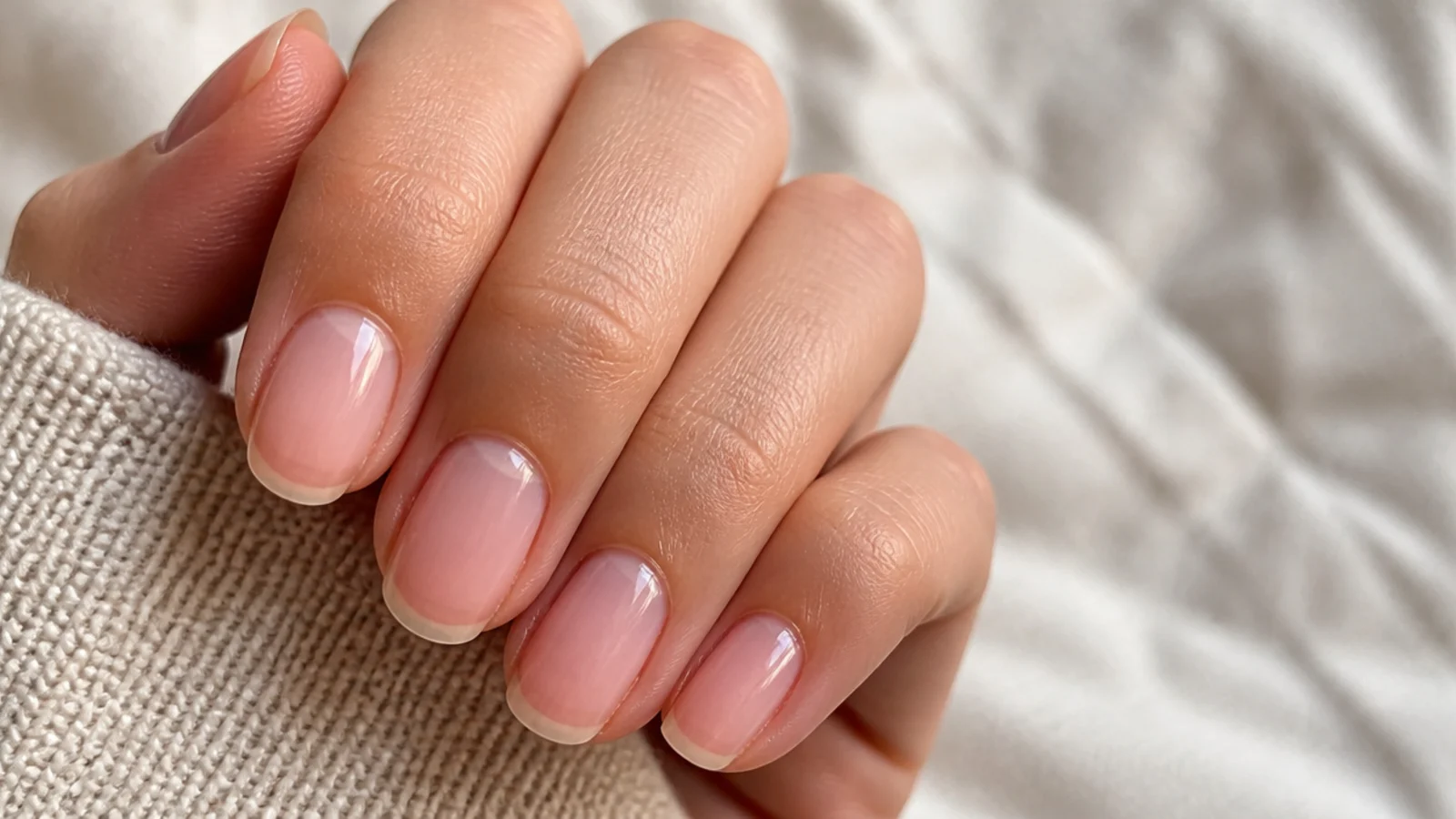 Bare buffed natural soap nails with only a clear glassy sheen
