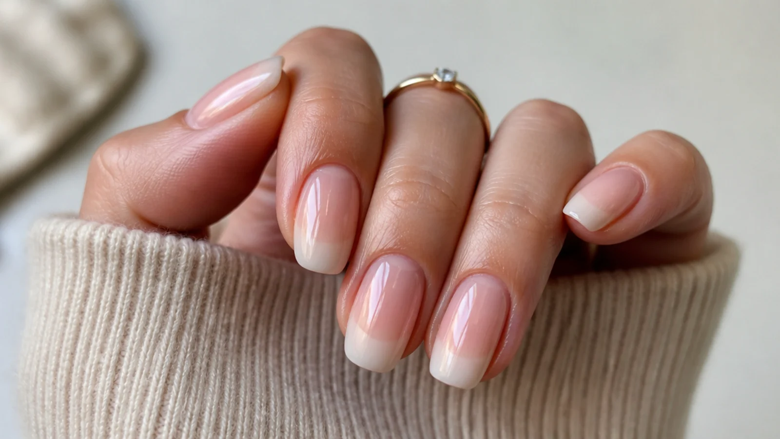Sheer soap nails fading to a soft milky free edge like a blurred French
