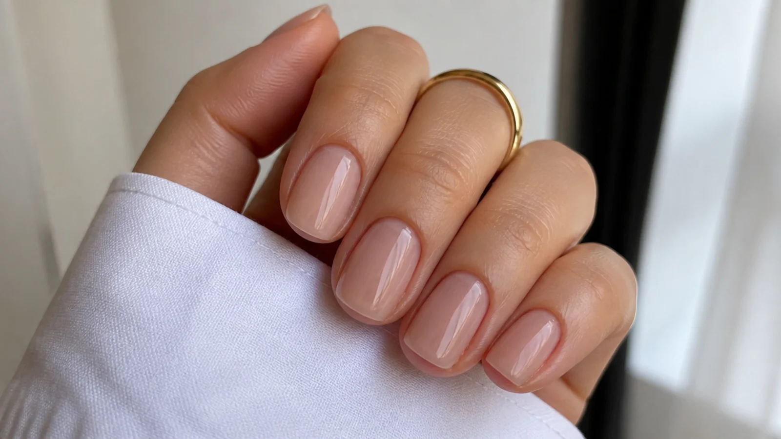 Sheer neutral soap nails on short squoval shape for everyday wear