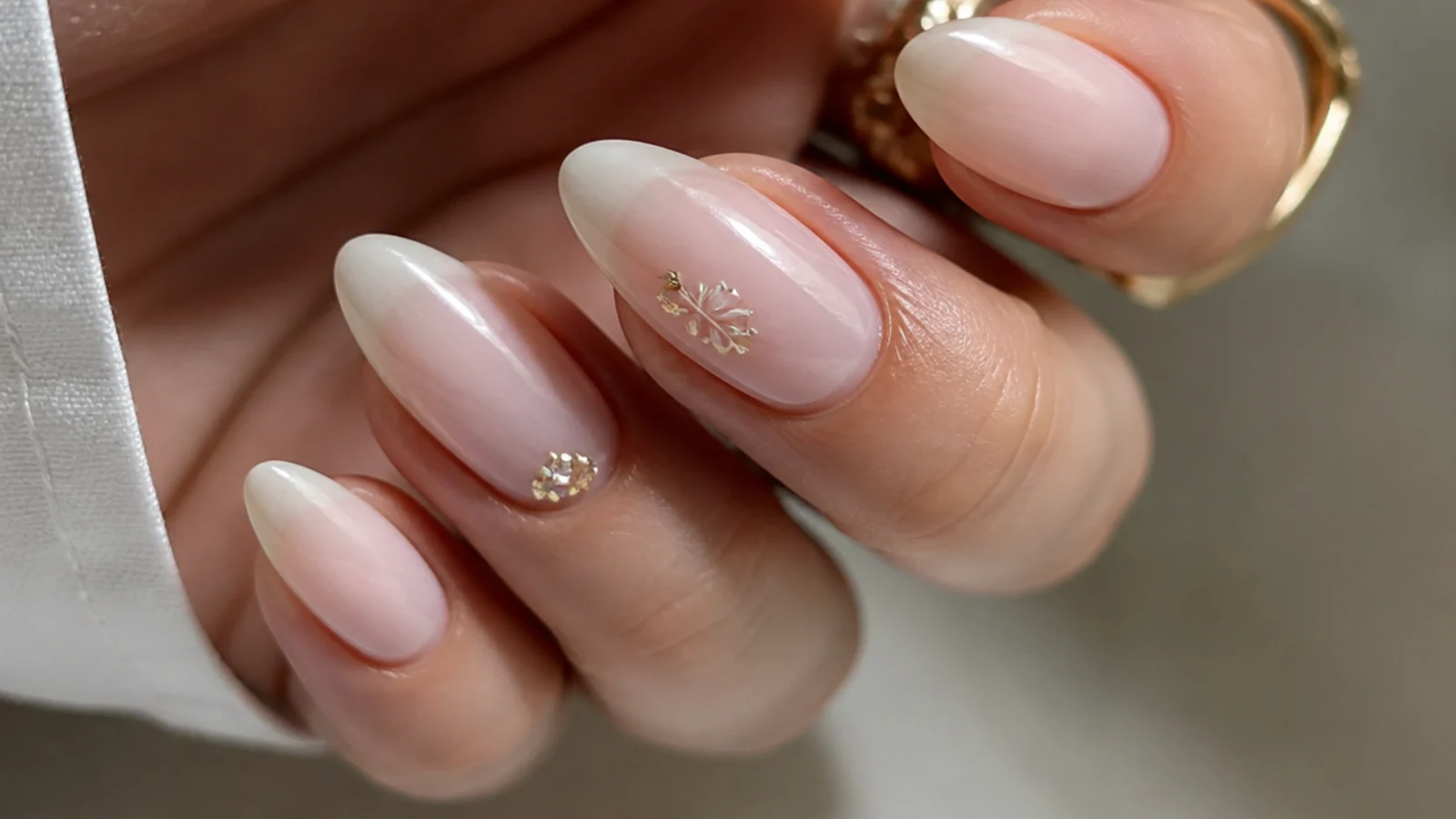 Elegant sheer milky soap nails on long almond shape for a bride