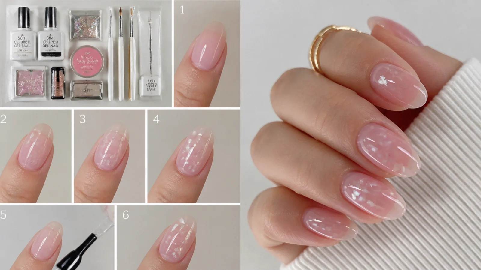 Step-by-step soap nails supplies and a hand mid-manicure at home