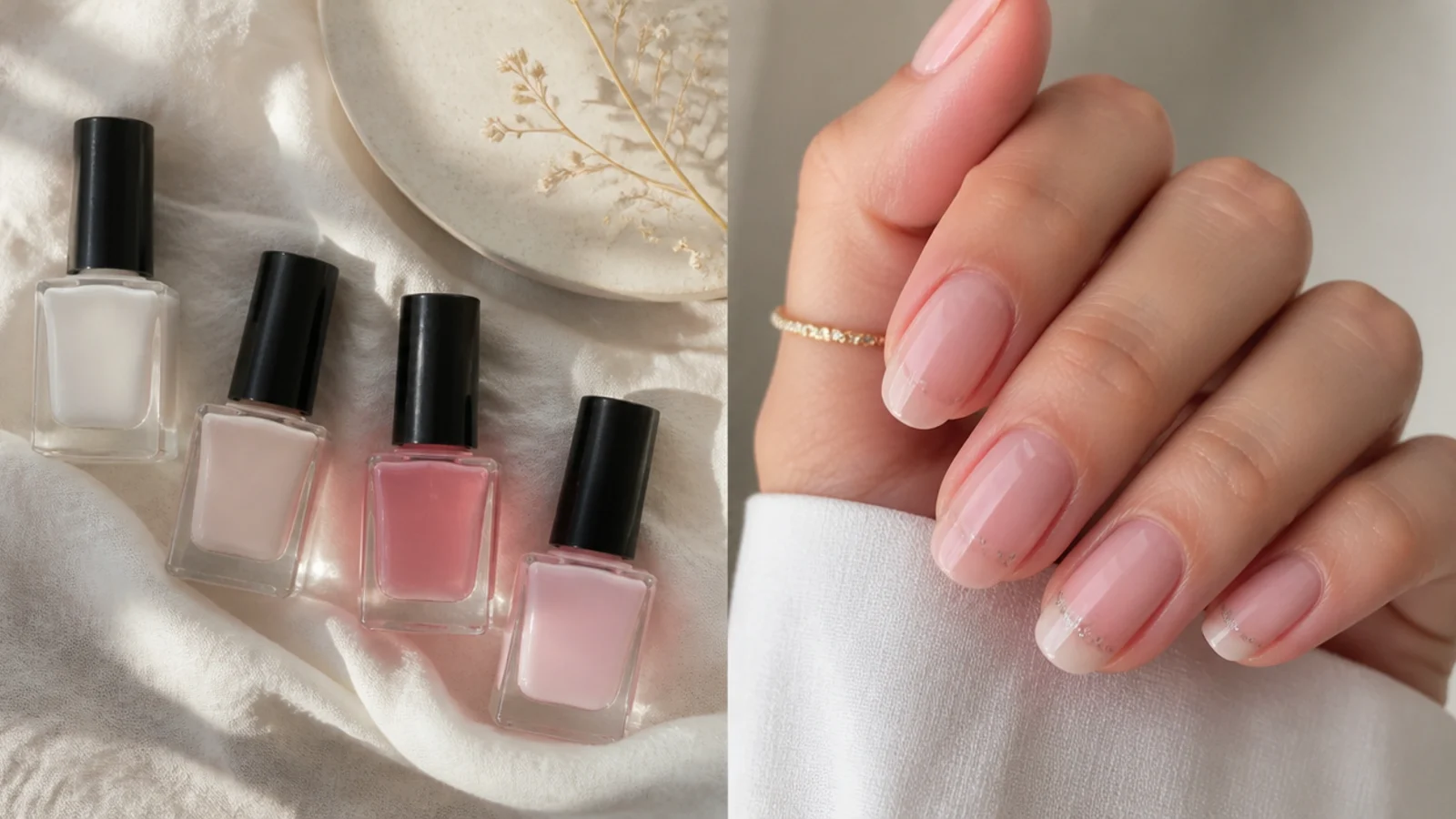 Flat lay of sheer milky and pink nail polish bottles for soap nails