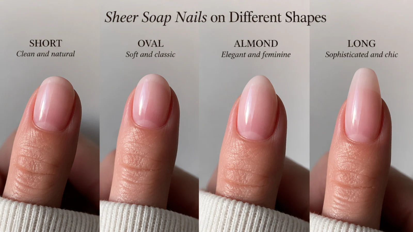 Sheer soap nails shown across short, oval, almond and long shapes