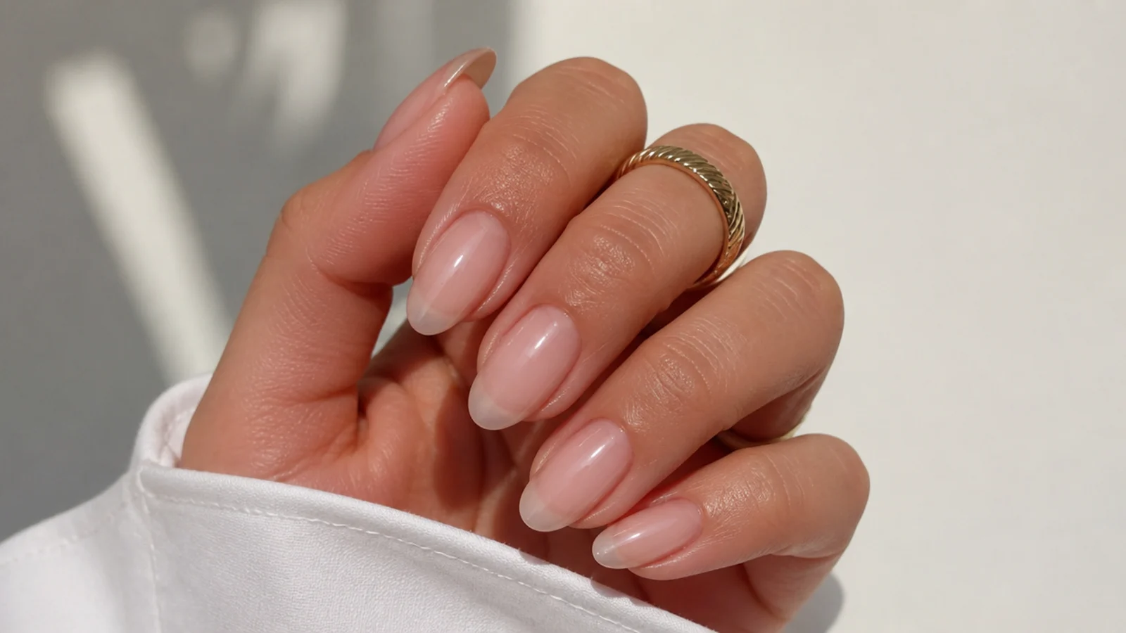 Ultra-sheer glassy soap nails on almond tips with a translucent just-washed finish