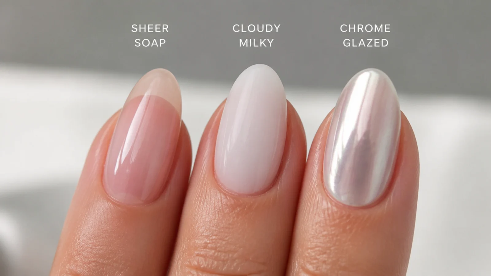 Three nails side by side comparing sheer soap, cloudy milky and chrome glazed finishes