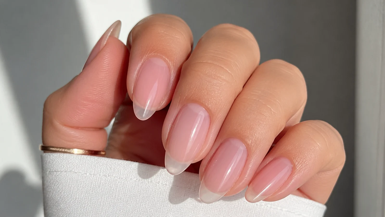 Ultra-sheer glassy soap nails showing the natural nail and free edge through the polish